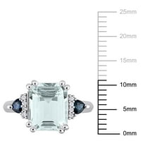 3-КТ аквамарин, сапфир и диамант Сребърен 3-каменен годежен пръстен
