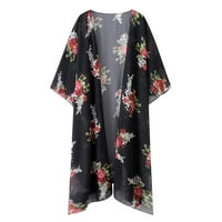симоид дамски палта-Флоу кимоно жилетка отворен фронт рокля печатни шифон блуза хлабав върхове червено М