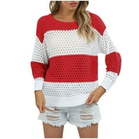 Сладки пуловери, женски цветен блок пуловери Небрежни дълги ръкави кръгли пуловер Пуловер Пуловер есента на плетене на една кука Покриване на пуловер Прочивка