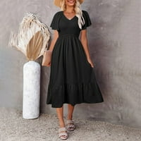Дамски рокли с къс ръкав солидна мода със средна дължина A-Line V-Neck Summer Ressing Black S