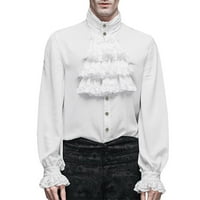 Puawkoer мъжки готически винтидж дантелена риза стойка яка с дълъг ръкав с гънки риза блуза мъжки дрехи 2xl бяло