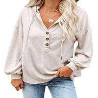 Суитчър с качулка с дълъг ръкав за жени ежедневни плътни цветни туники върхове v копче за шия качулка тениска пуловер блуза