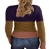 Жени с дълъг ръкав тениска с дълъг ръкав копче надолу тънък годен топ блуза лъжичка шия оребрена плетена риза Цвят блок градиент тройник