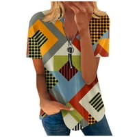 Yubatuo Дамски оглавява жените модни ежедневни темпераменти нередовни геометрични печат екипаж-деколте цип с къс ръкав тениска топ блузи за жени