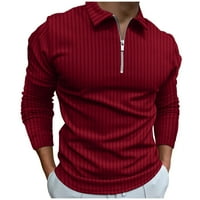 Мъжки солидна поло риза-обикалян оребрена плетена поло риза с дълъг ръкав цип нагоре-образен голф ризи за мъже модерни високи еластични тениски тениски върхове червен XL