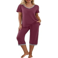Дамски пижами комплекти с къс ръкав v горната част на шията с панталони от капри с джобове ежедневно спално облекло pjs шезлонги s m l xl