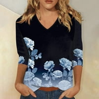 Женски ежедневен моден ретро печат V Врат три четвърт ръкав тениска отгоре